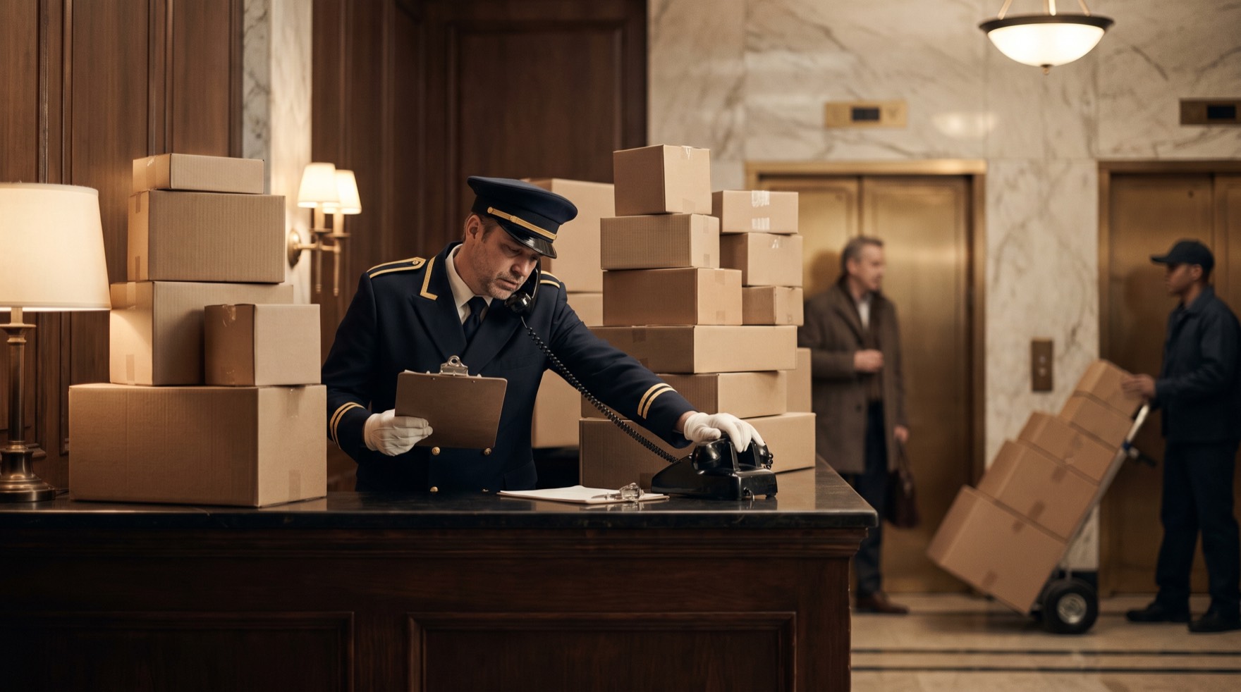 A doorman at a lobby front desk answering the phone with a clipboard in hand, surrounded by stacks of packages while a resident waits by the elevator